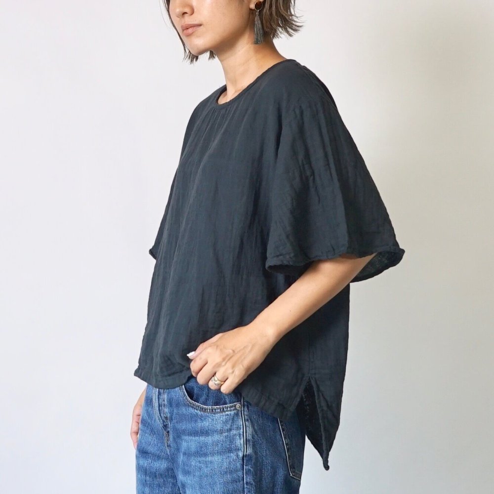 喇叭袖 紗T恤/黑色/三河織物雙層紗布