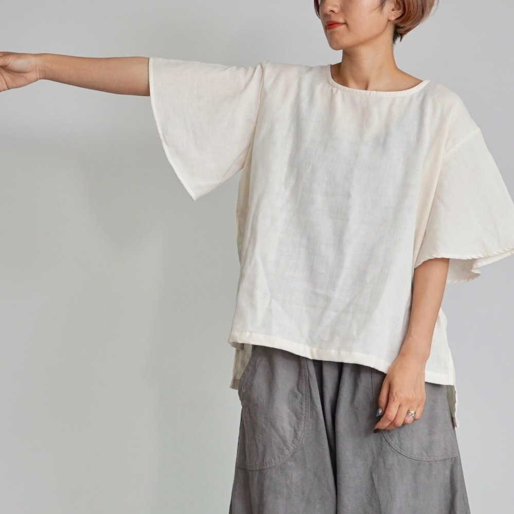 荷葉袖 紗T恤/米白色/三河織物雙層紗布