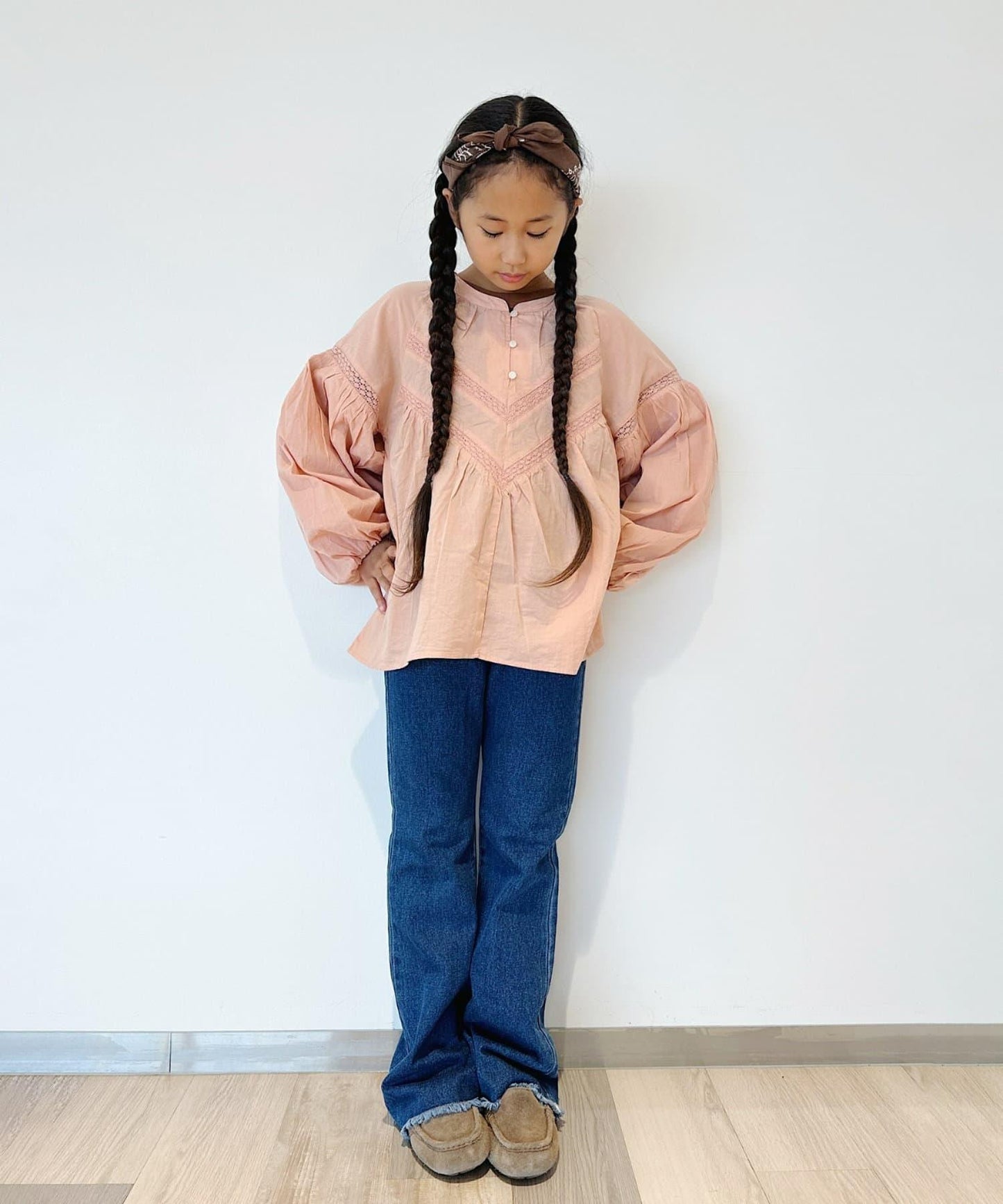 【KIDS】【TYPY DENIM】甘織り裾フリンジフレアデニム 【KIDS】【TYPY DENIM】甜美編織邊緣流蘇喇叭牛仔褲