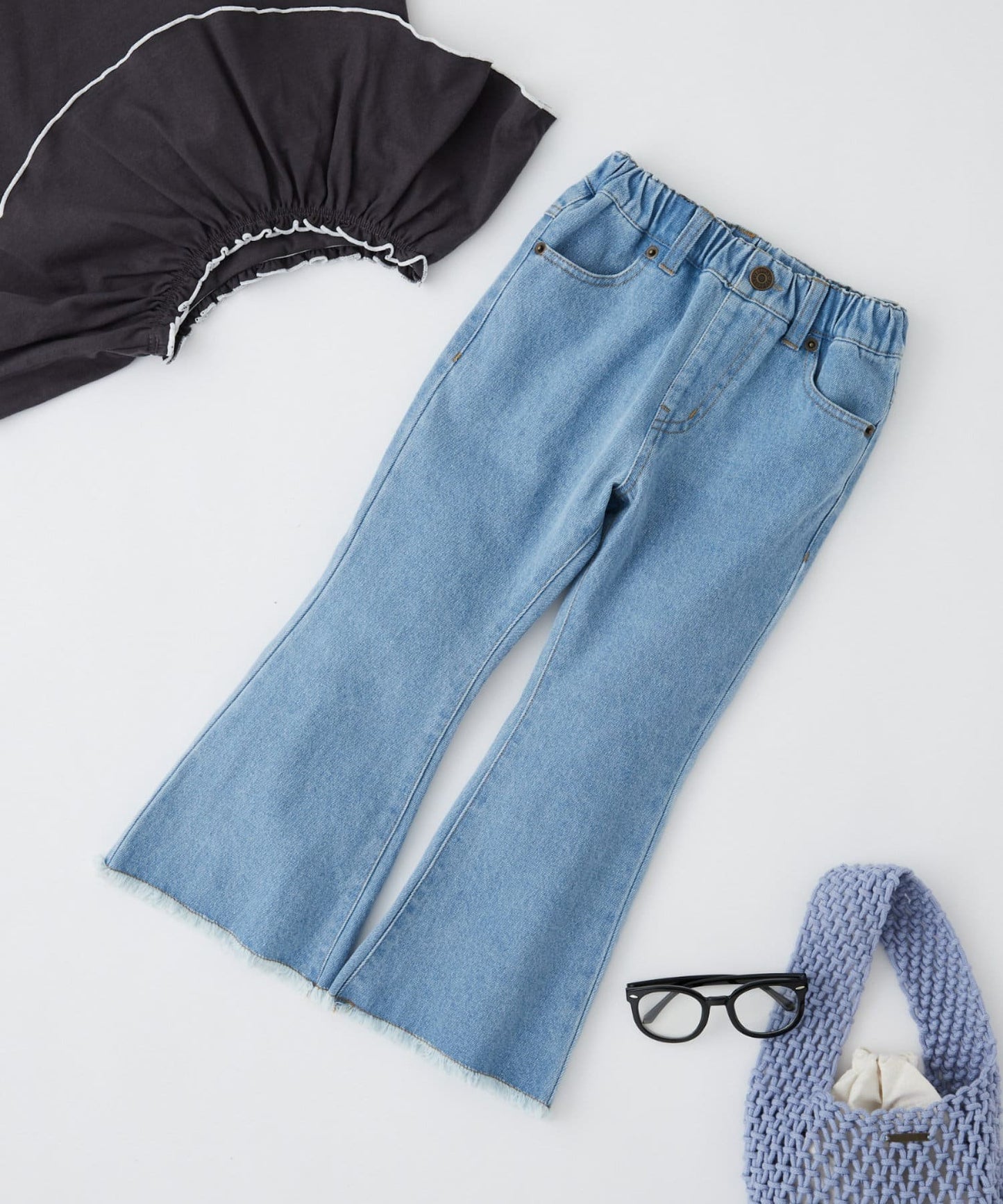 【KIDS】【TYPY DENIM】甘織り裾フリンジフレアデニム 【KIDS】【TYPY DENIM】甜美編織邊緣流蘇喇叭牛仔褲