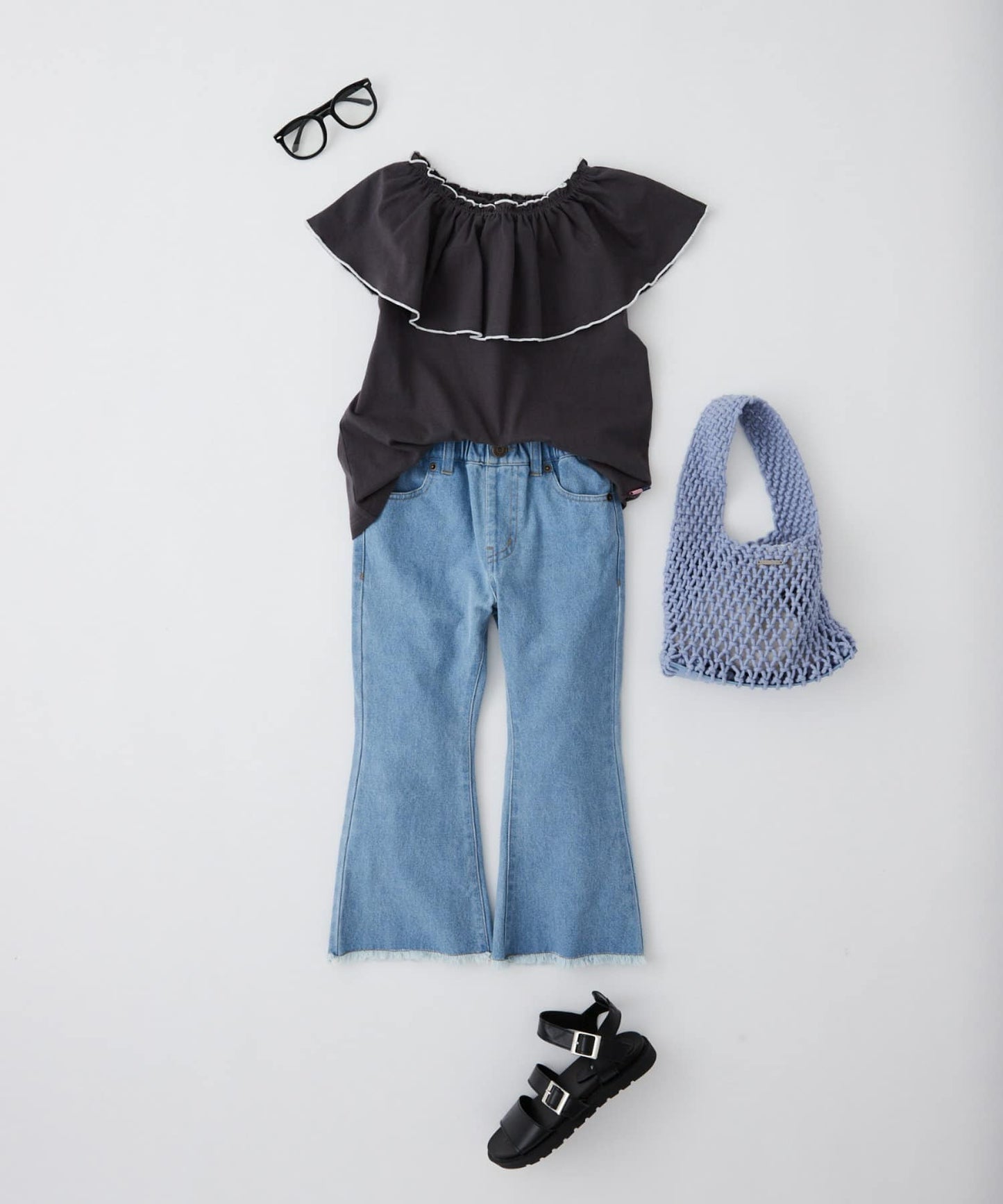 【KIDS】【TYPY DENIM】甘織り裾フリンジフレアデニム 【KIDS】【TYPY DENIM】甜美編織邊緣流蘇喇叭牛仔褲
