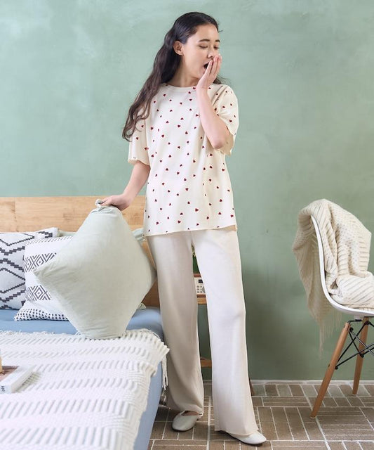 心形T恤純色長褲室內套裝