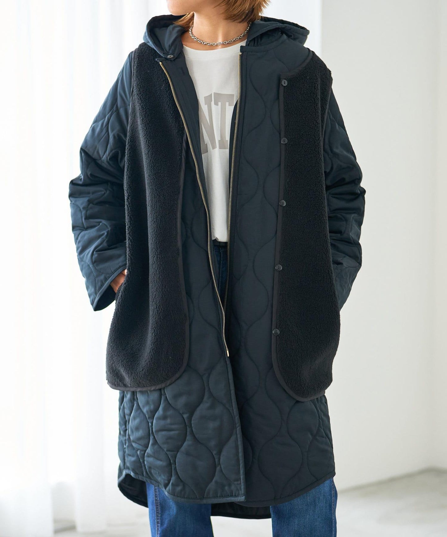 "可拆卸外套" 馬甲+中長款拼接棉服"