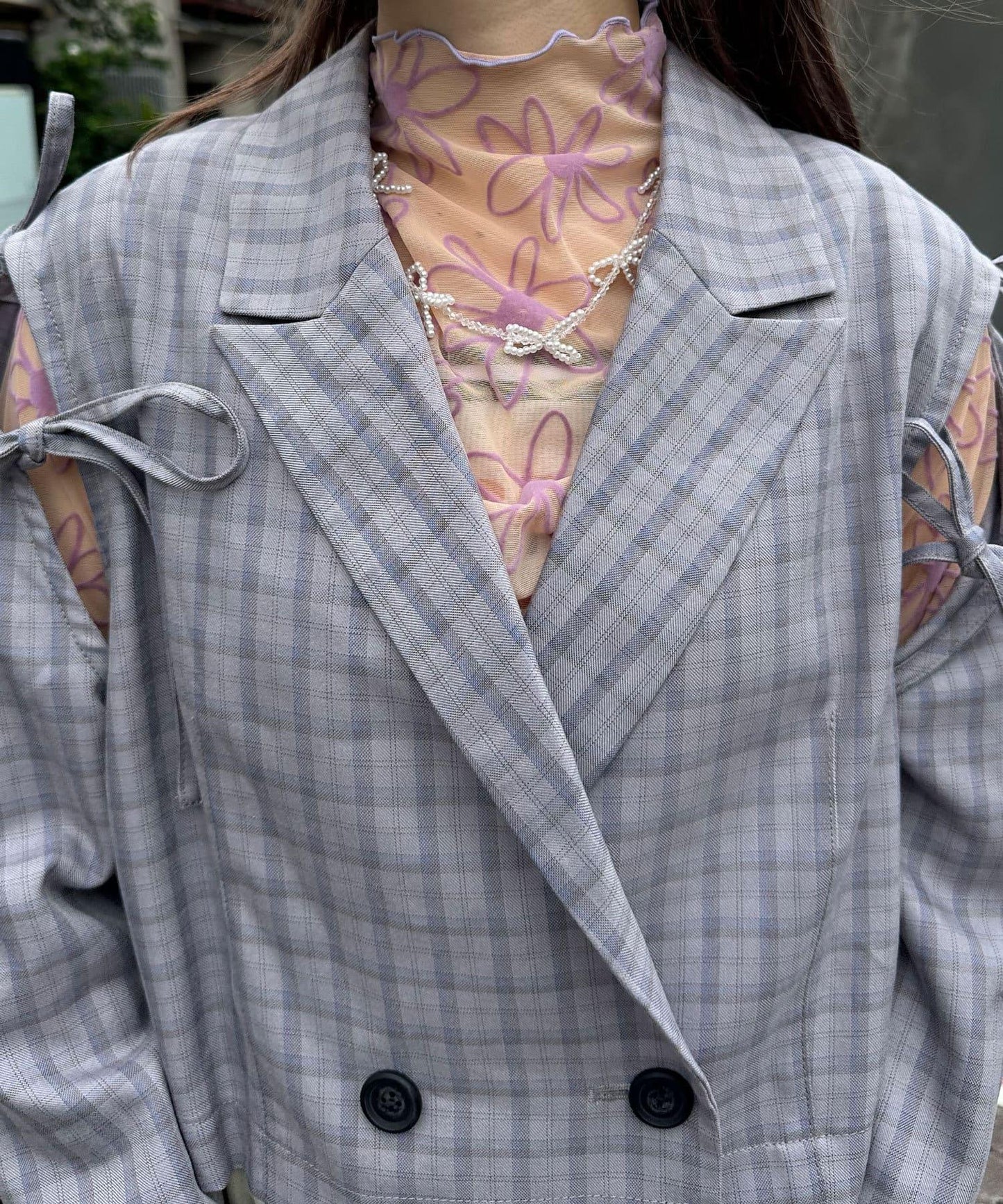 【2024AW】【HELLO.SANFRANCISCO/你好,舊金山】剪裁蝴蝶結格紋夾克