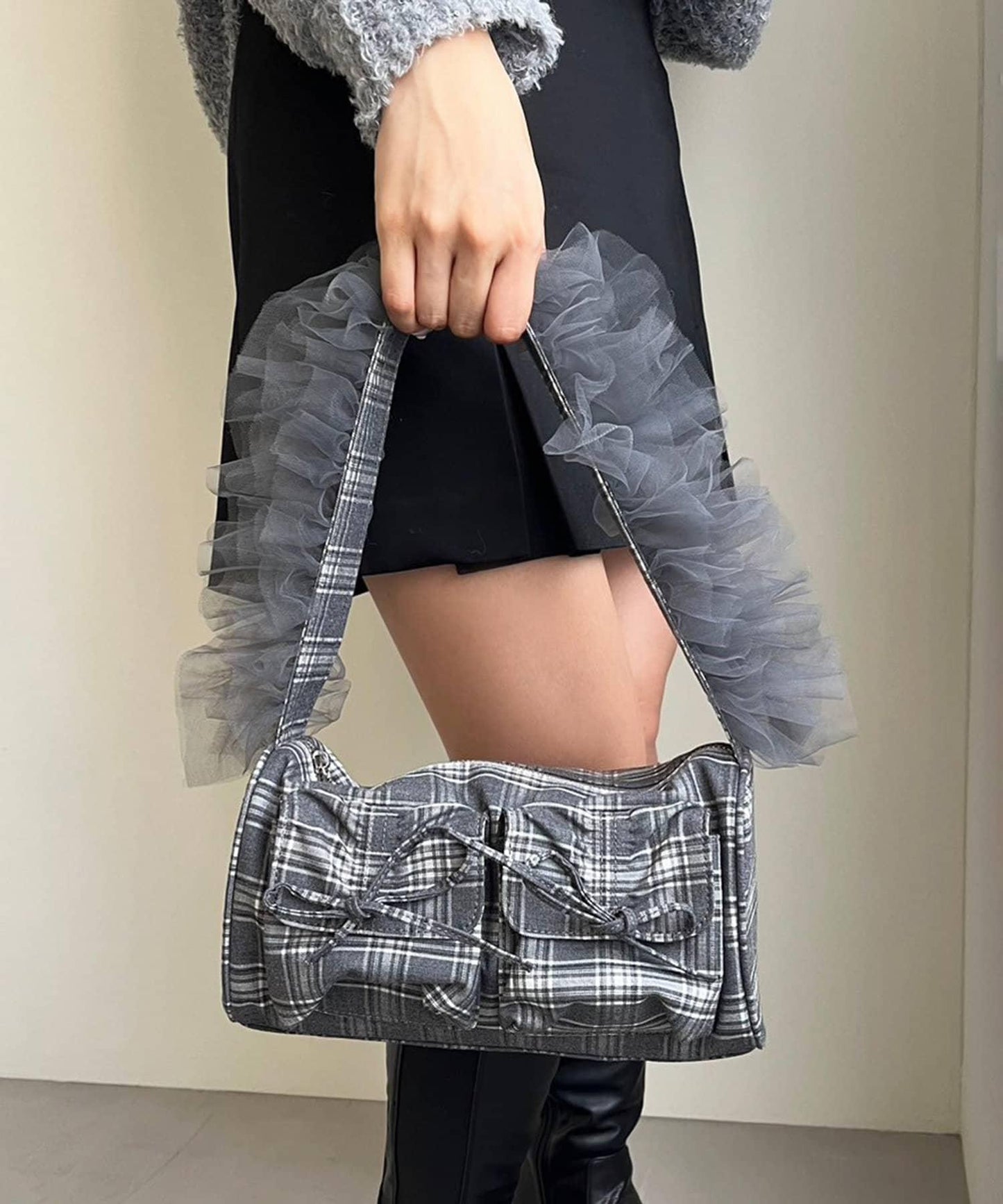 蕾絲褶邊手提斜挎包