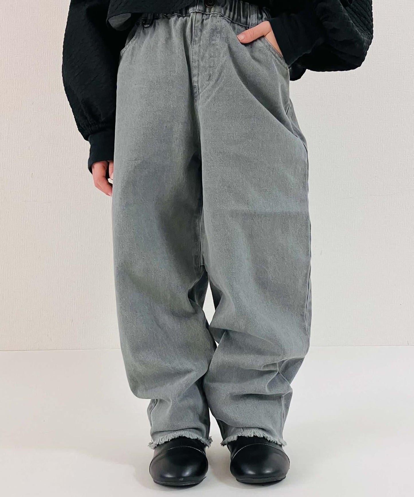 【KIDS】【TYPY DENIM】甘織り裾フリンジカーブデニム 【KIDS】【TYPY DENIM】甜美編織下襬流蘇曲線牛仔褲