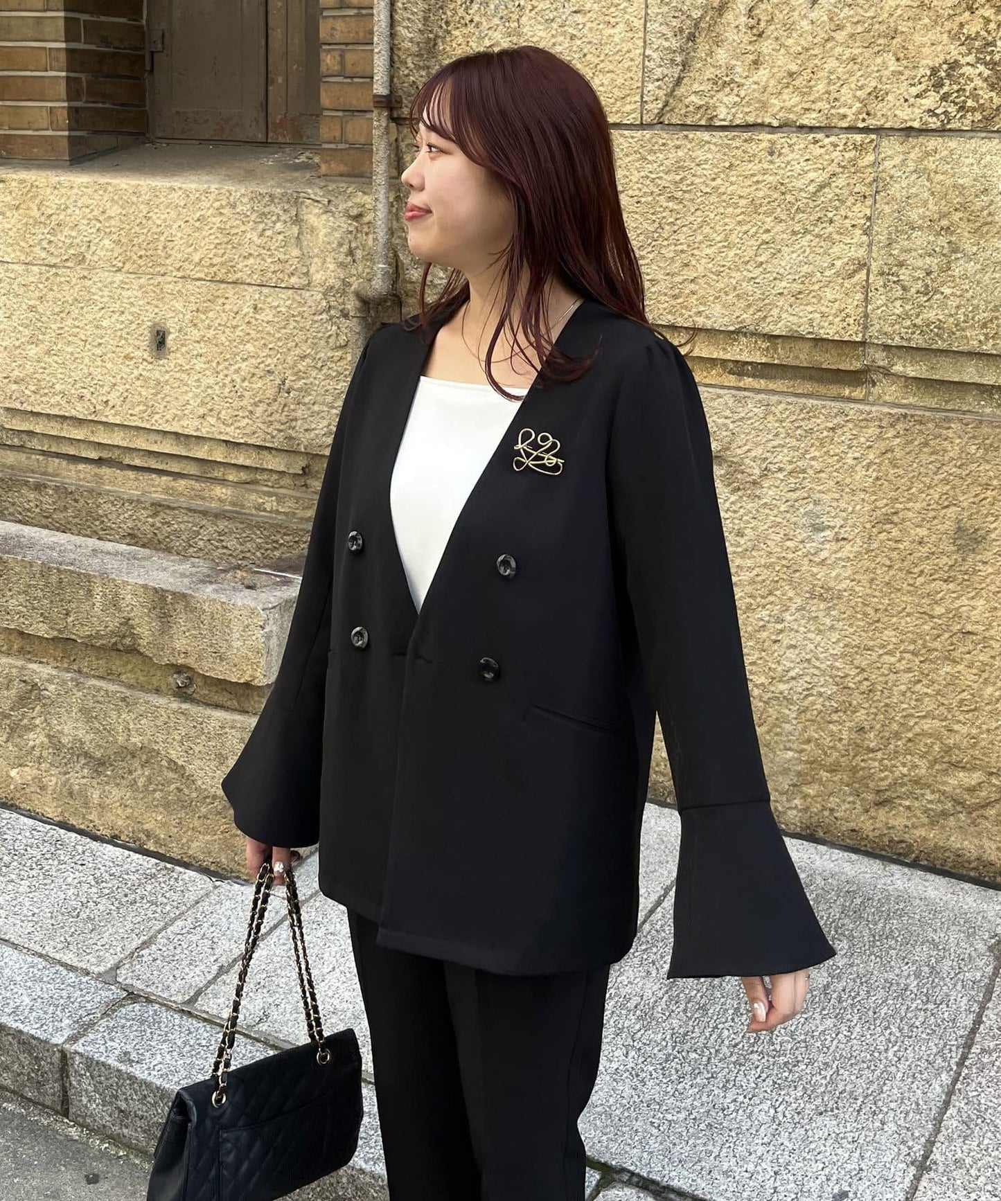 【媽媽監修!禮服單品】雙排扣喇叭袖V領夾克