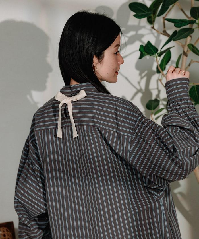 揹帶蝴蝶結條紋襯衫