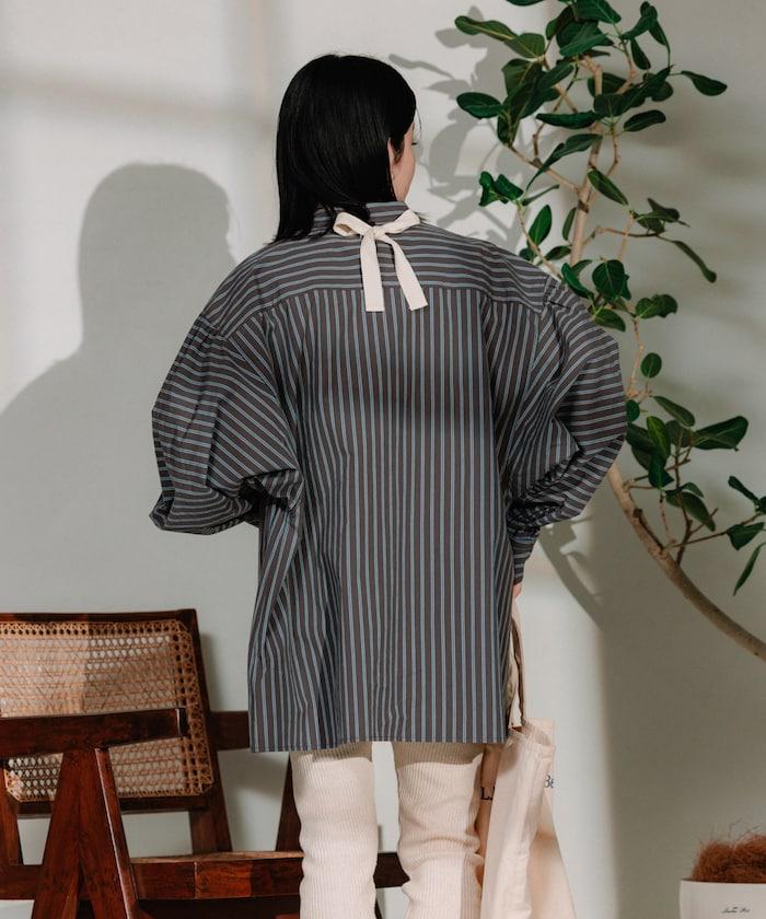 揹帶蝴蝶結條紋襯衫