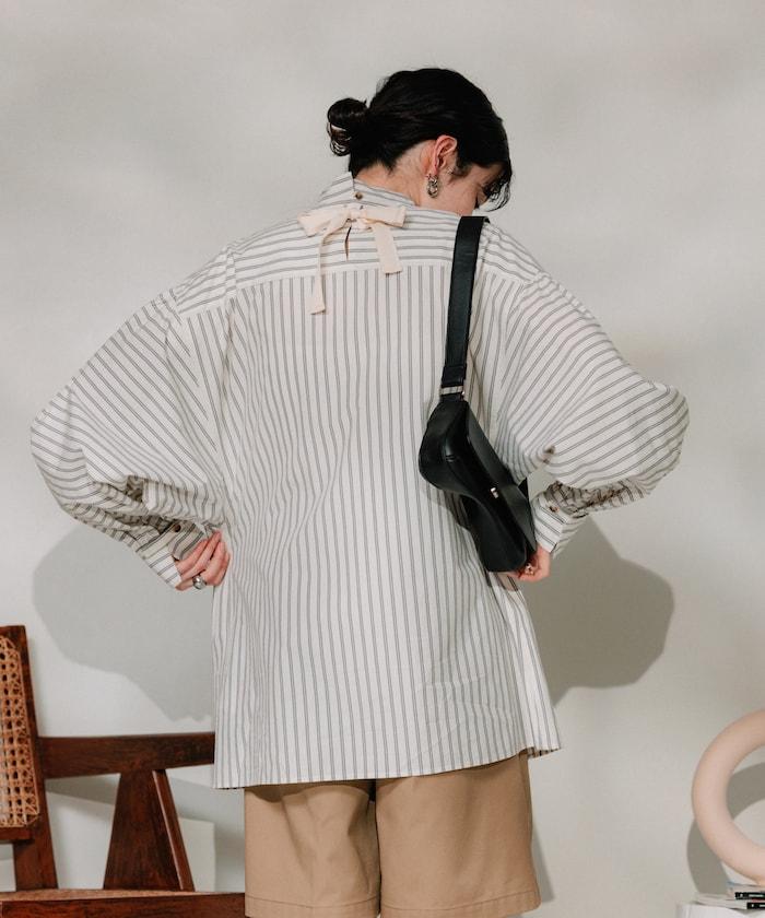 揹帶蝴蝶結條紋襯衫