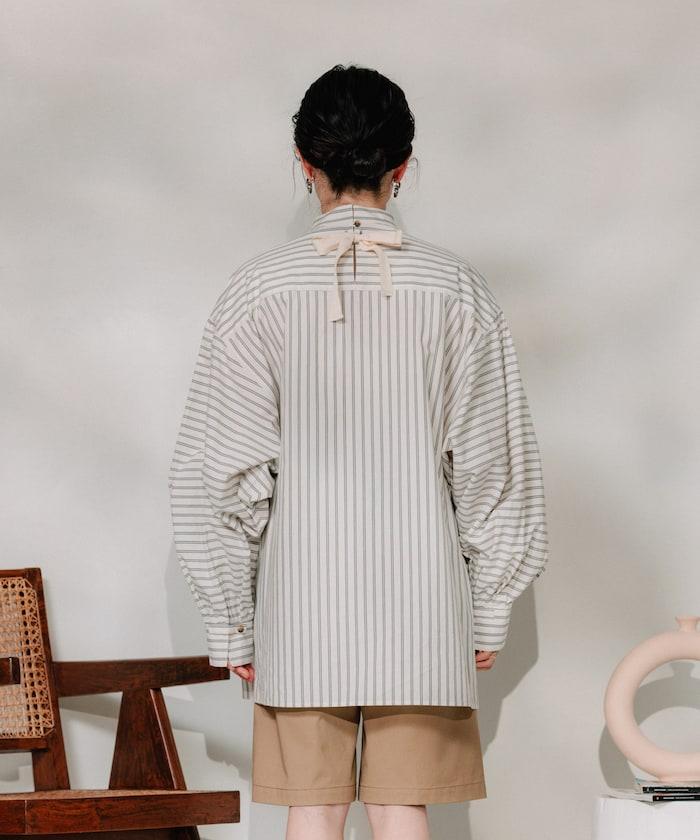 揹帶蝴蝶結條紋襯衫