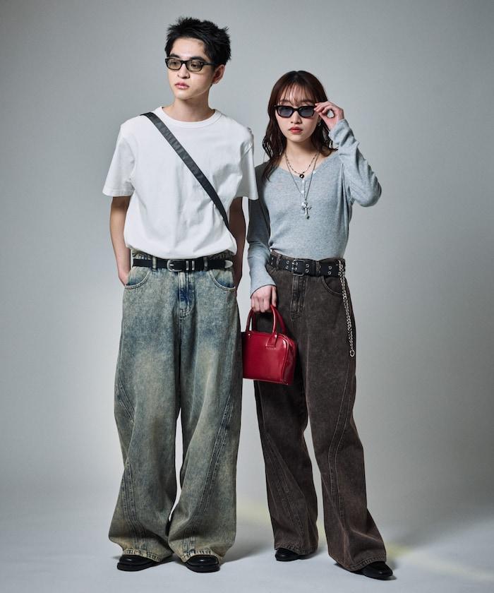 復古水洗弧線牛仔褲