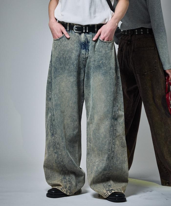 復古水洗弧線牛仔褲