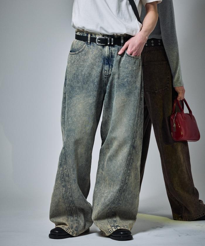 復古水洗弧線牛仔褲