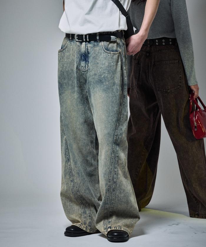 復古水洗弧線牛仔褲