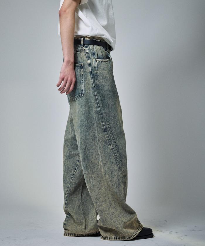 復古水洗弧線牛仔褲