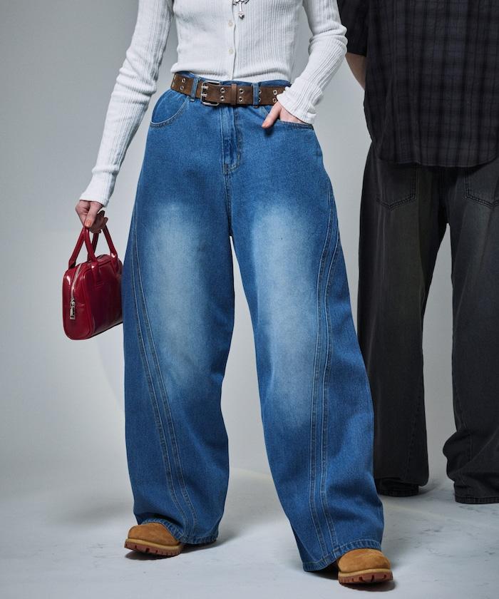 復古水洗弧線牛仔褲