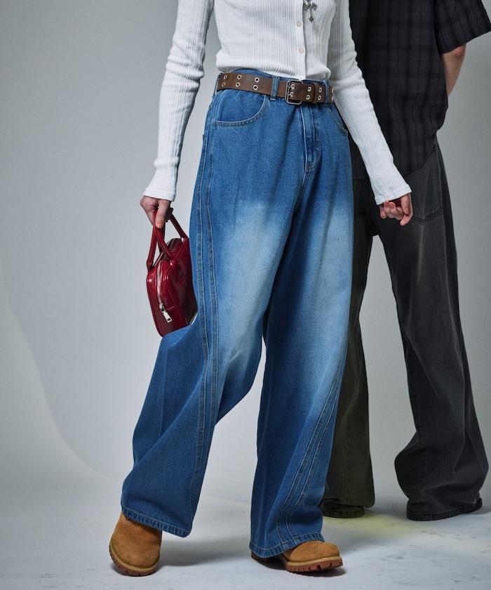 復古水洗弧線牛仔褲