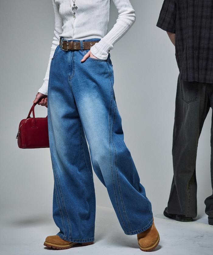 復古水洗弧線牛仔褲