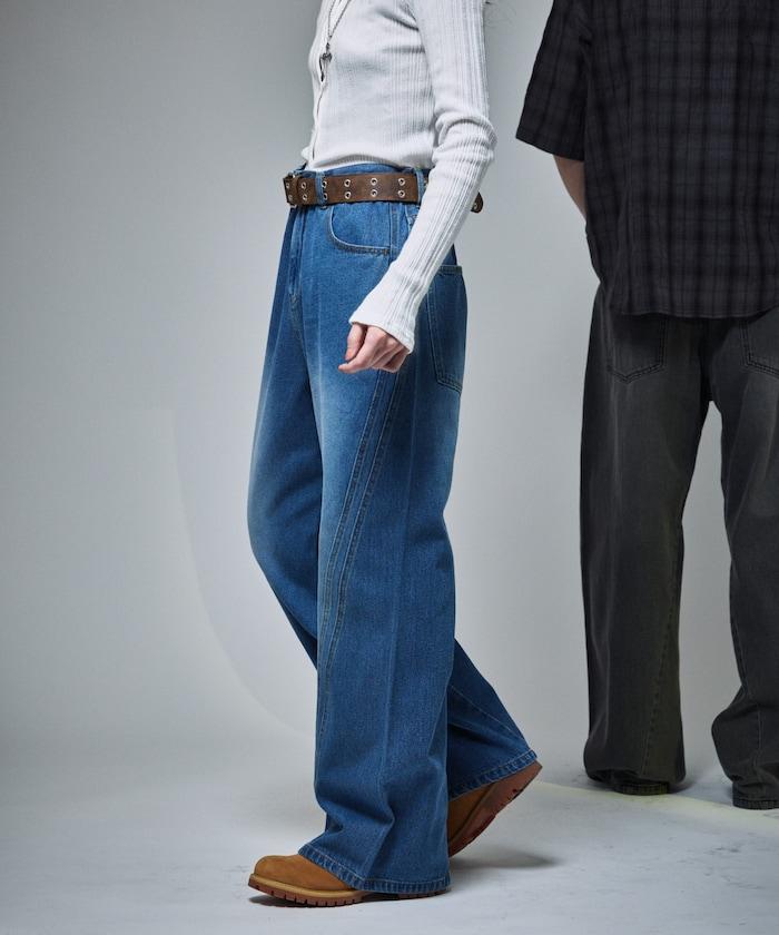 復古水洗弧線牛仔褲