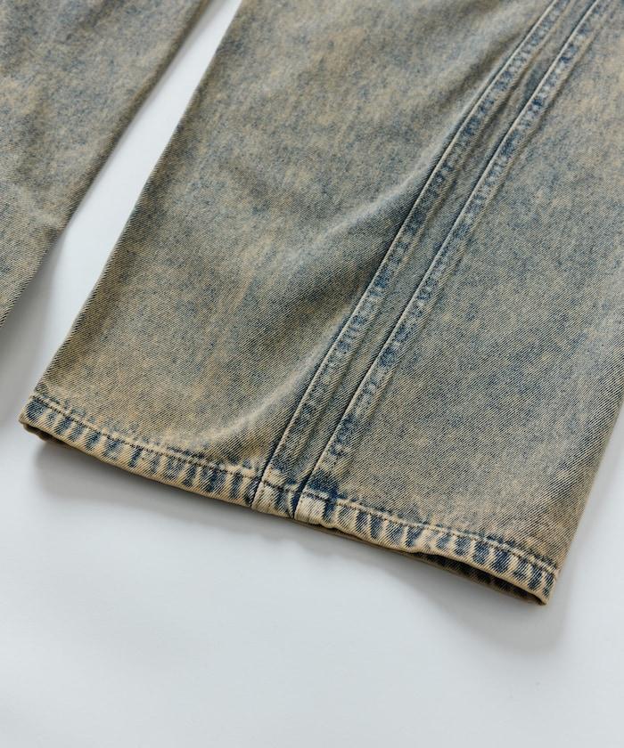 復古水洗弧線牛仔褲