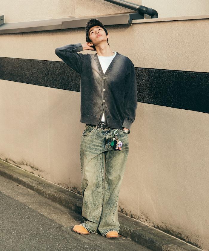復古風格 硬漂白處理 V領 針織開衫