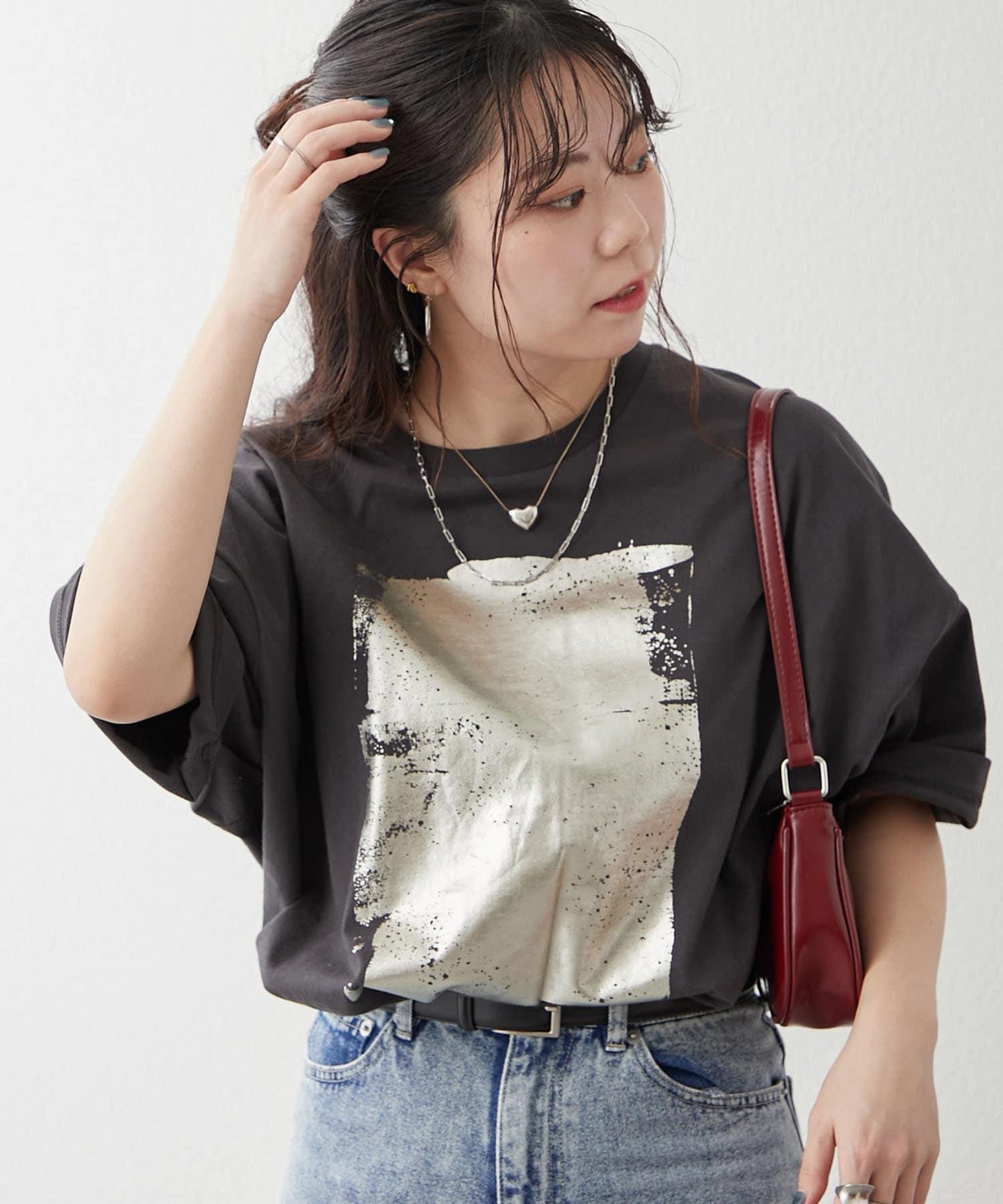 【NUNIFE/】箔印花大T-shirt
