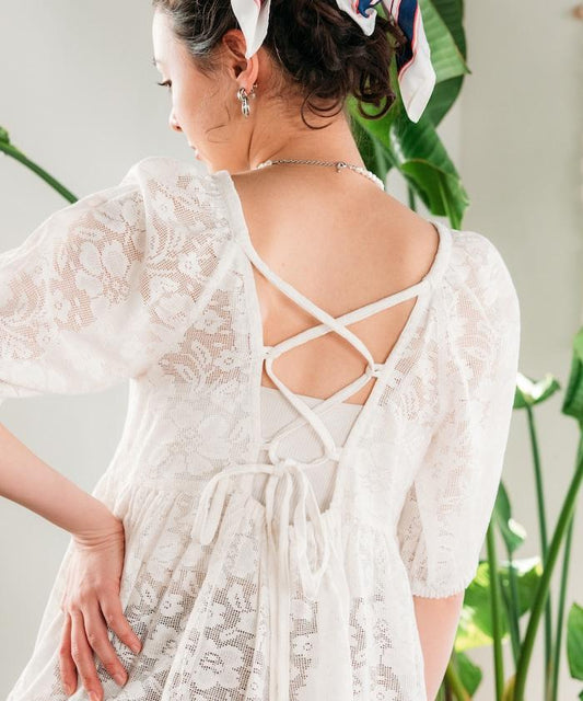 印度蕾絲開背泡泡袖上衣