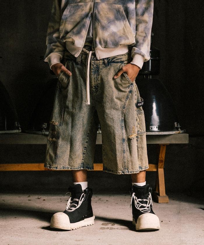 雙腰破洞寬鬆修身褲裙牛仔褲