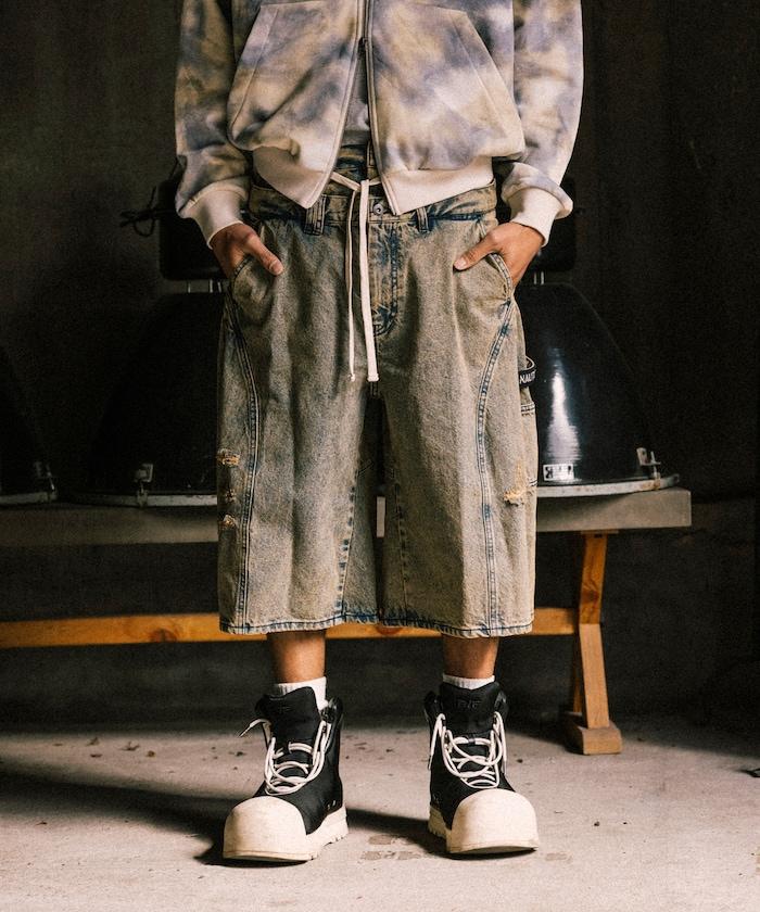 雙腰破洞寬鬆修身褲裙牛仔褲