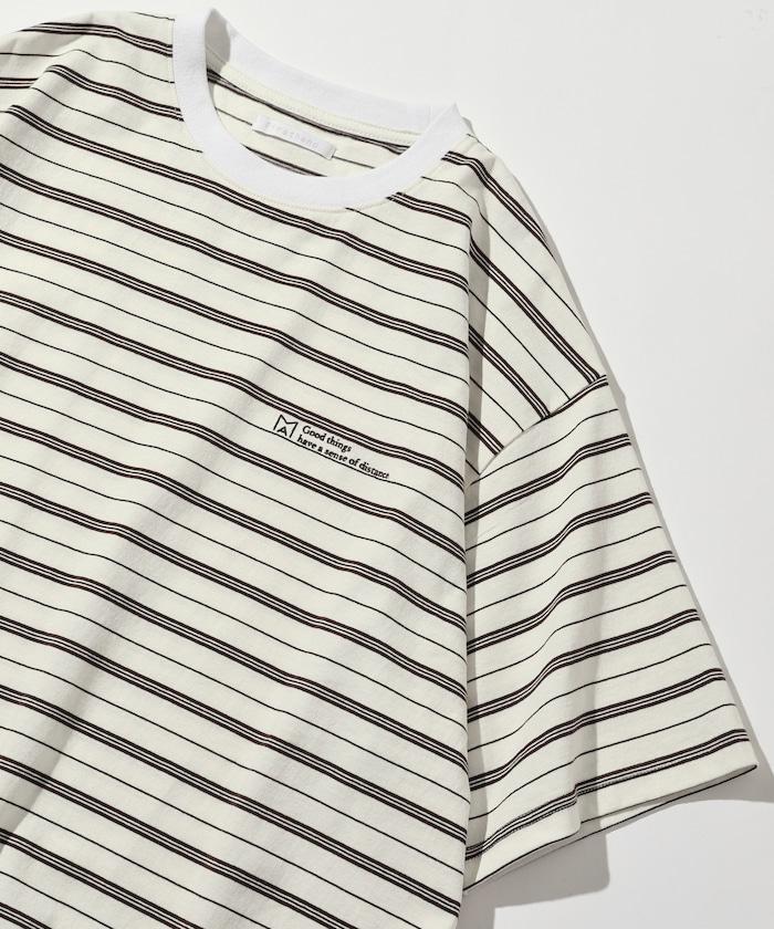 BASIC標誌刺繡T恤條紋/一點刺繡條紋T恤/短袖