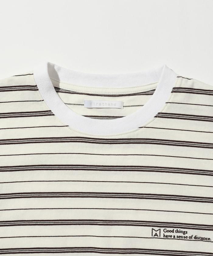 BASIC標誌刺繡T恤條紋/一點刺繡條紋T恤/短袖