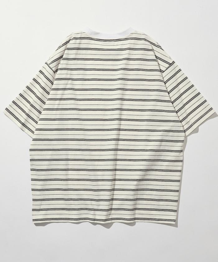 BASIC標誌刺繡T恤條紋/一點刺繡條紋T恤/短袖