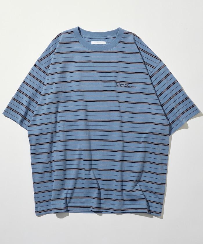 BASIC標誌刺繡T恤條紋/一點刺繡條紋T恤/短袖