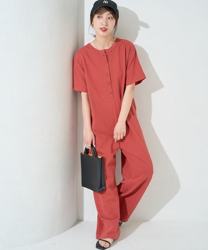 輕鬆款前開扣短袖連體褲