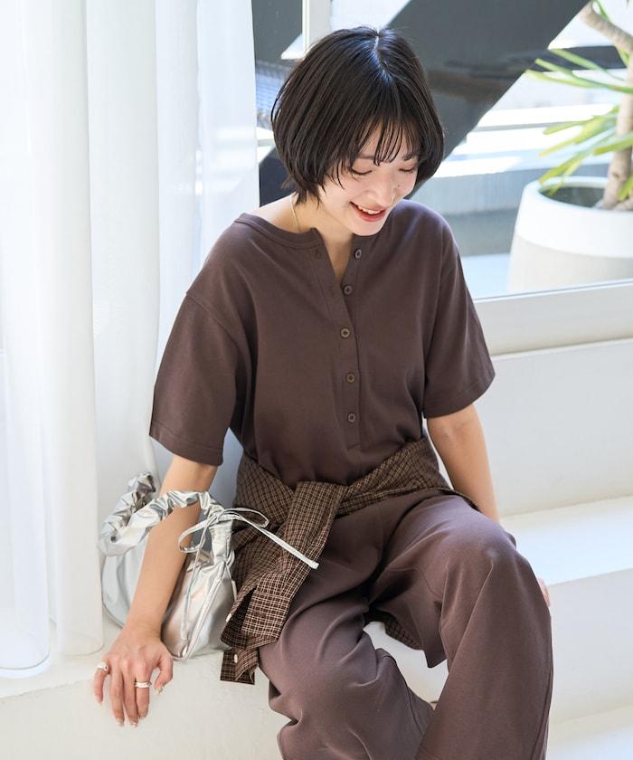 輕鬆款前開扣短袖連體褲