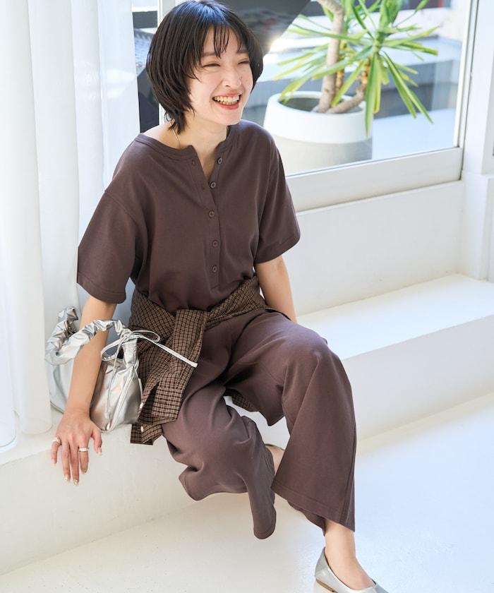 輕鬆款前開扣短袖連體褲