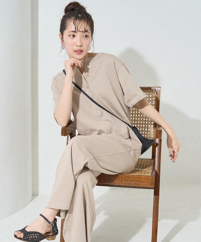 輕鬆款前開扣短袖連體褲