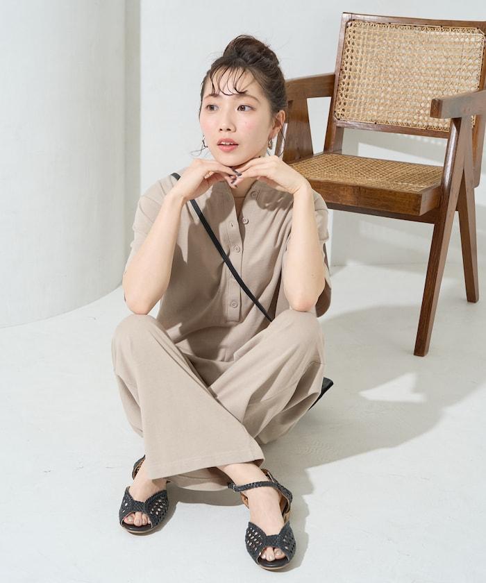 輕鬆款前開扣短袖連體褲