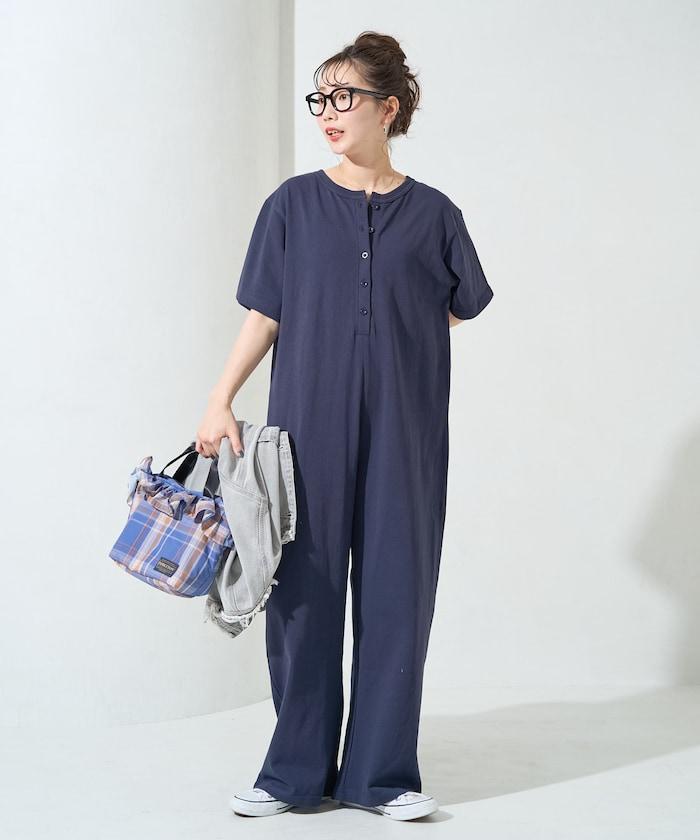 輕鬆款前開扣短袖連體褲