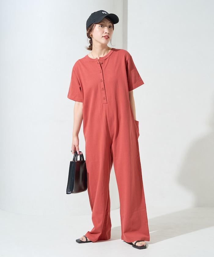 輕鬆款前開扣短袖連體褲