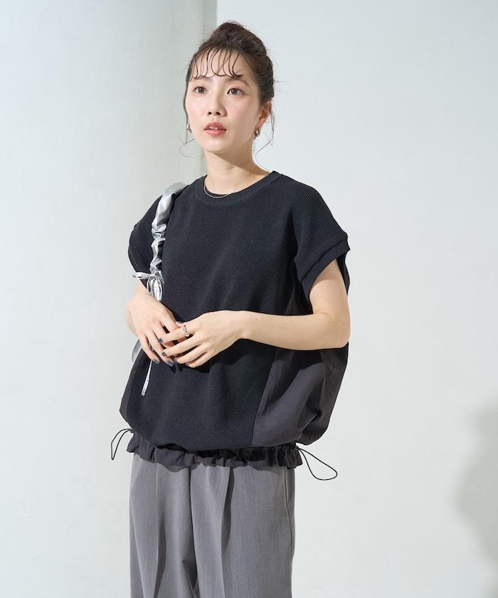 布料 拼接 針織 無袖 帶束腰 套頭衫