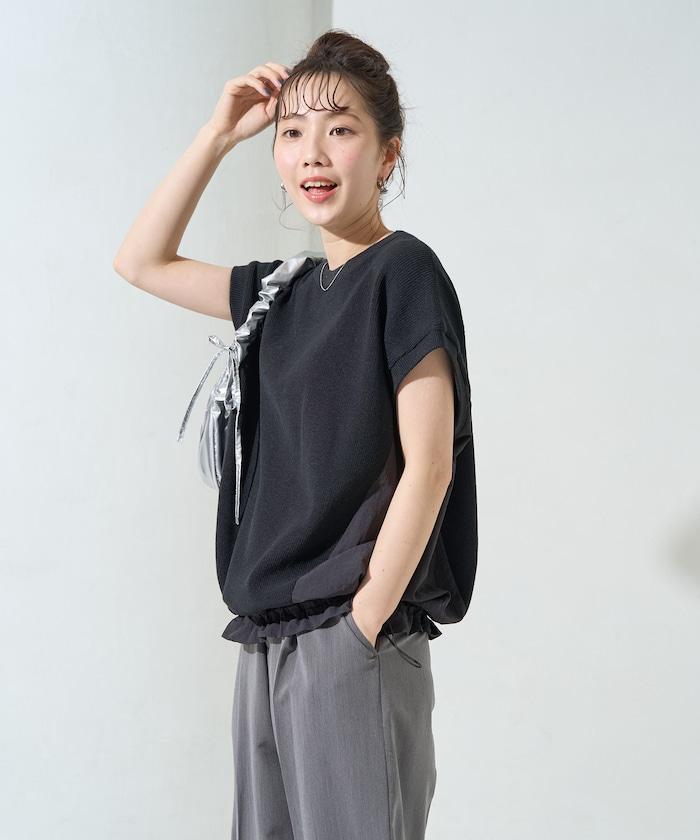 布料 拼接 針織 無袖 帶束腰 套頭衫