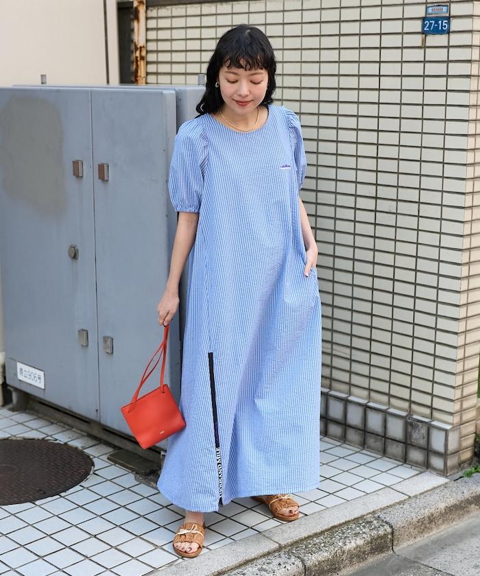 設計 絲絨條紋 泡泡袖連衣裙