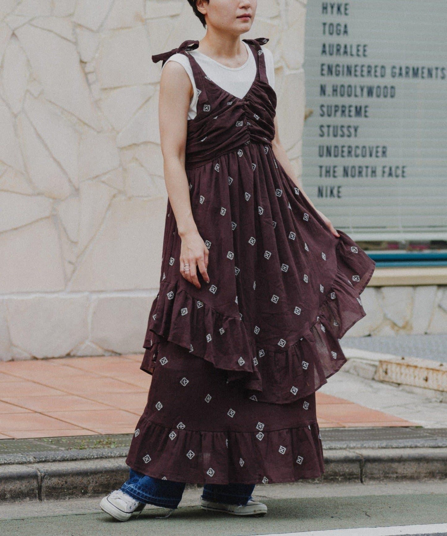 【aguni】刺繡層疊吊帶連衣裙