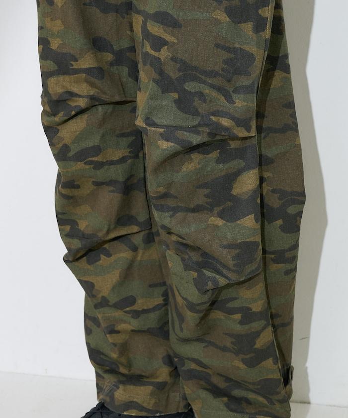 一洗迷彩圖案褲子/迷彩寬鬆褲
