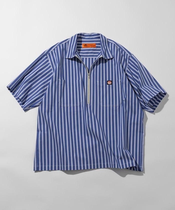 聯名 輕鬆版型 半拉鍊 單標誌 短袖工作襯衫 條紋 格子