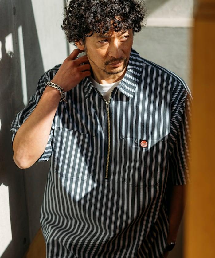 聯名 輕鬆版型 半拉鍊 單標誌 短袖工作襯衫 條紋 格子