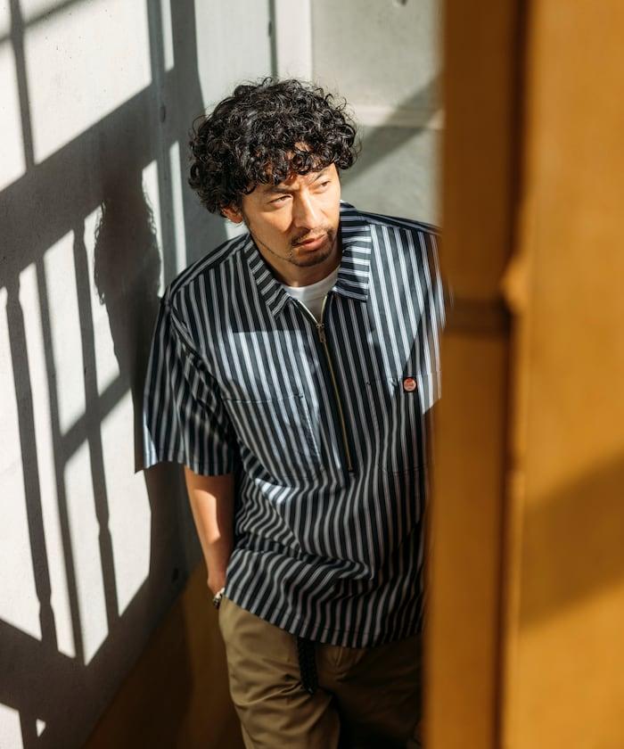 聯名 輕鬆版型 半拉鍊 單標誌 短袖工作襯衫 條紋 格子