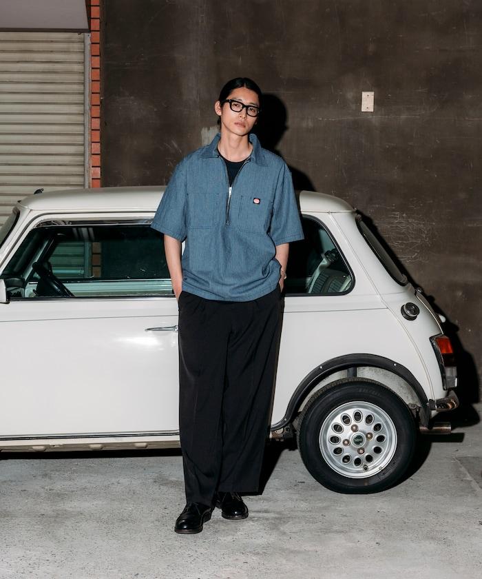 聯名 輕鬆版型 半拉鍊 單標誌 短袖工作襯衫 條紋 格子